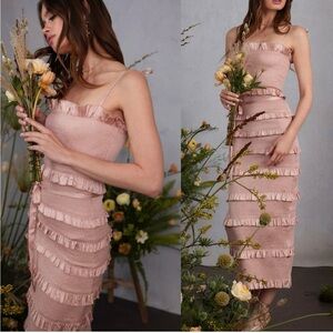 V. Chapman Lily Ruched Satin Midi Dress Rose Dust Size‎ 2 (ribbon belt missing)